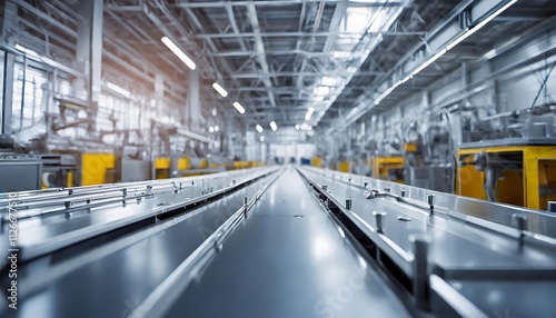 Clean Metallic Assembly Line Surface with Blurred Dynamic Factory Background - Ideal for Manufacturing, Industrial Design, and Production-Related Projects