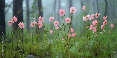 Prairie smoke Geum triflorum flowers adorn the forest floor duff, showcasing the beauty of prairie smoke. This stunning prairie smoke, also known by various names, adds charm to the natural setting. photo