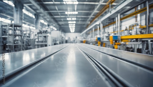 Wallpaper Mural Clean Metallic Assembly Line Surface with Blurred Dynamic Factory Background A Modern Industrial Setting Showcasing Efficiency and Precision in Manufacturing Processes Torontodigital.ca