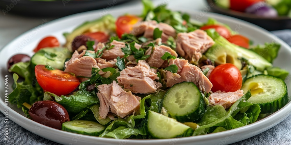 Fresh salad featuring tuna, lettuce, cucumbers, tomatoes, olives, and avocados presented in a white plate on the table, highlighting a vibrant salad mix for an appealing meal. Fresh salad featuring tuna, lettuce, cucumbers, tomatoes, olives, and avocados presented in a white plate on the table, highlighting a vibrant salad mix for an appealing meal.