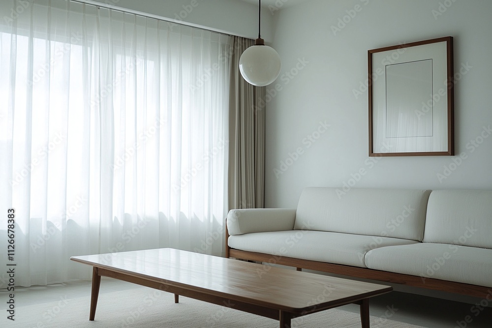 Fototapeta premium A modern minimalist interior design in the living room with white-finished walls and white sofas and tables. Generative AI