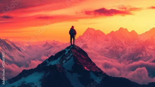 Hiker on mountain peak at sunset, overlooking vast mountain range and clouds.