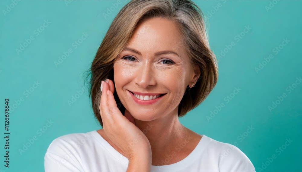 Smiling s Middle-Aged Woman in White T-Shirt Against a Turquoise Background: A Close-Up Portrait Celebrating Confidence and Joy Smiling s Middle-Aged Woman in White T-Shirt Against a Turquoise Background: A Close-Up Portrait Celebrating Confidence and Joy