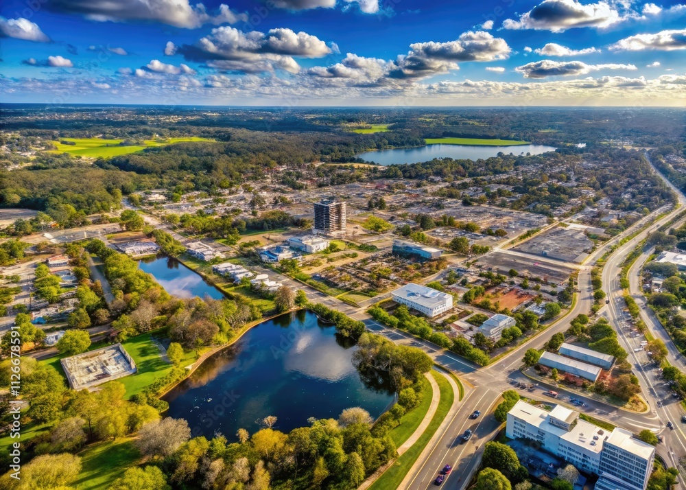 Fototapeta premium Aerial drone photography showcases Apopka & Altamonte Springs' landscape in February 2022, ideal for real estate.
