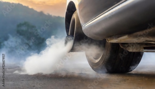 Close-Up of a Car Exhaust Pipe Emitting Thick Smoke, Capturing the Impact of Emissions on Air Quality and Environmental Concerns in Urban Settings photo