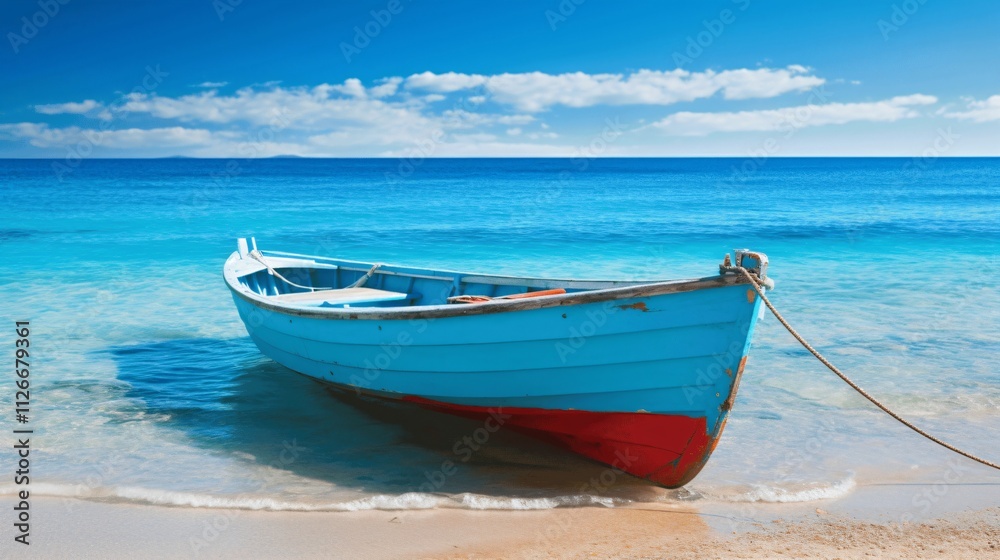 Vibrant Blue Boat Resting on Serene Tropical Beach under Clear Sky Vibrant Blue Boat Resting on Serene Tropical Beach under Clear Sky