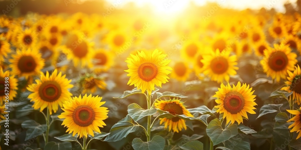 Obraz premium Vibrant sunflower field in bloom showcases a stunning landscape of yellow flowers under the sun, representing the beauty and significance of sunflower cultivation in the vegetable oil industry.