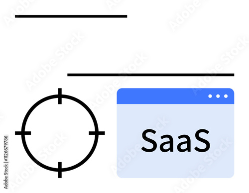 Circular crosshair targets an open browser window labeled SaaS. Ideal for digital marketing, software development, business strategies, SaaS platforms, customer acquisition, market segmentation