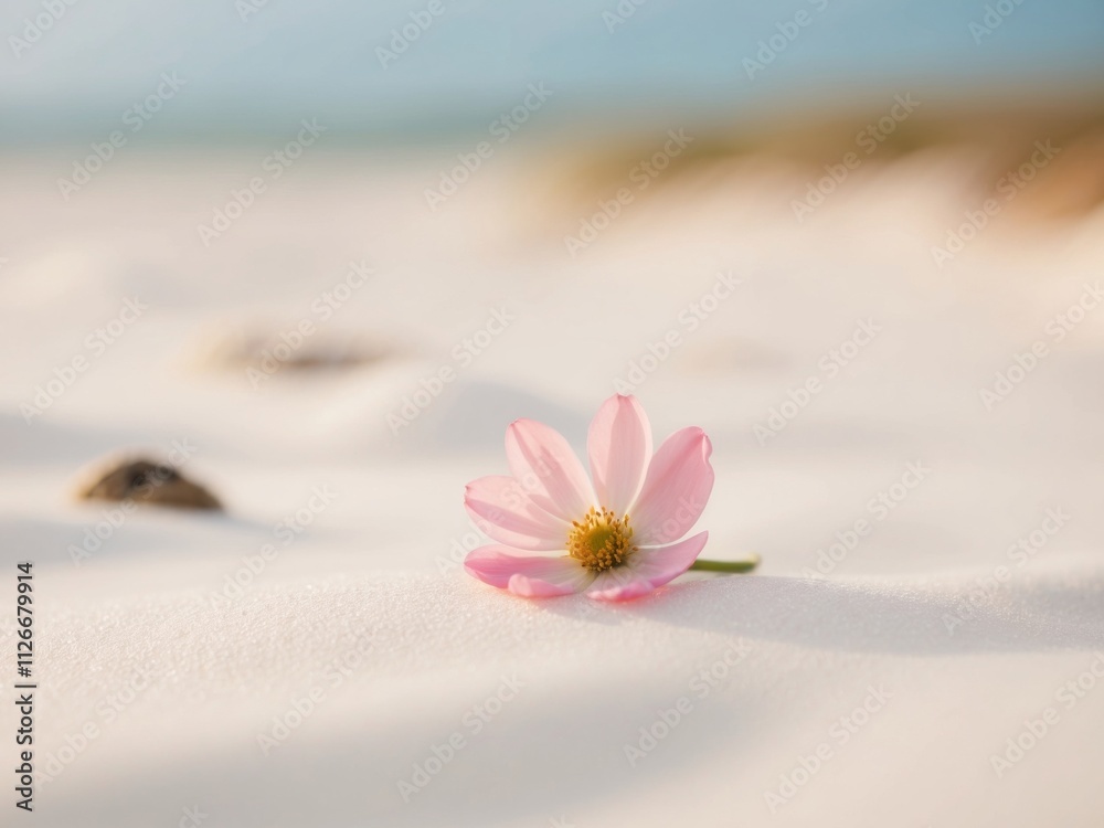 Delicate pink flower resting on a sandy beach.