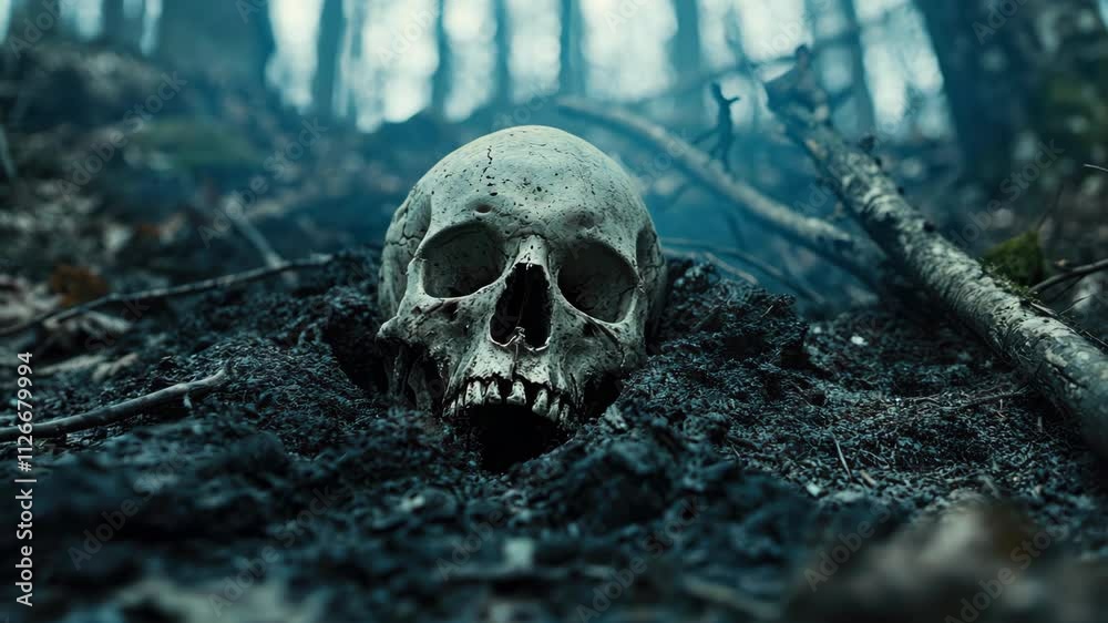 Human skull found in forest. Person remains buried in woodland thicket. Concept of murder and hiding of victim's body. Dangerous wood. Mystery and intrigue. Detective investigation. True crime story.