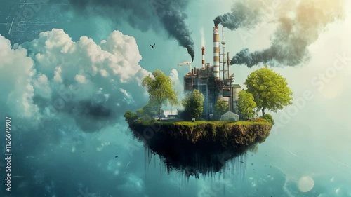 Surrealism industrial chimney spews smoke into sky, creating a stark contrast against lush green forest, signifying delicate balance between progress and nature. Concept of pollution and global warmin photo