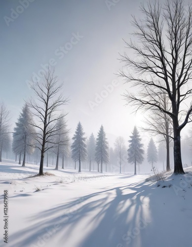 Minimalist snowy landscape with tree silhouettes, snow, sky, winter, landscape, white photo