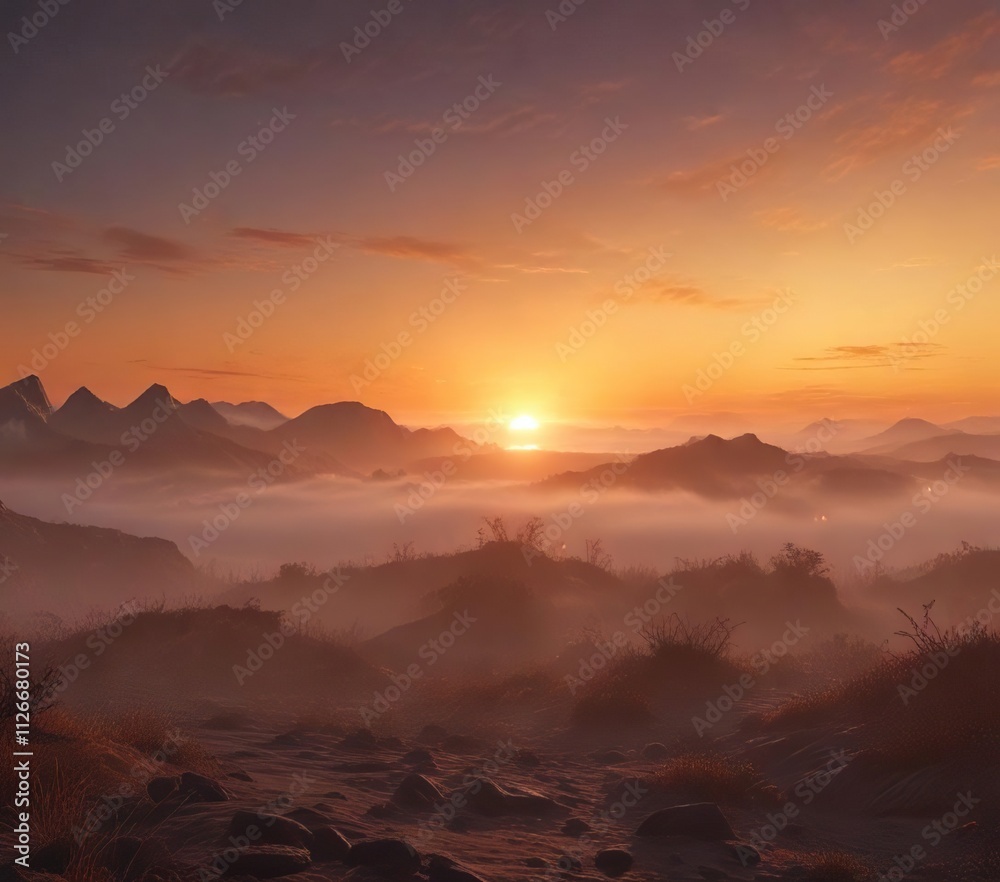 Fototapeta premium misty fog lifts slowly revealing a brilliant orange glow in the eastern horizon, orange glow, morning atmosphere, warm light