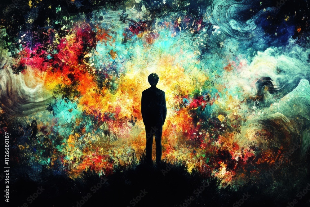 Man Silhouette Against Abstract Colorful Background Man Silhouette Against Abstract Colorful Background