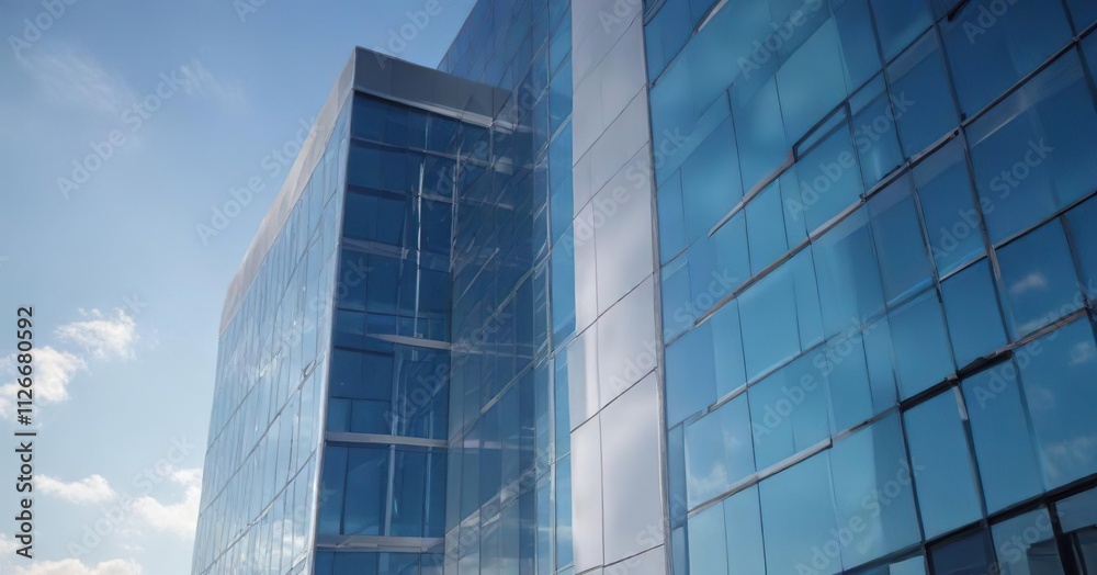 Modern office building with a sleek glass facade and metal accents against the bright blue sky , glass, office space Modern office building with a sleek glass facade and metal accents against the bright blue sky , glass, office space
