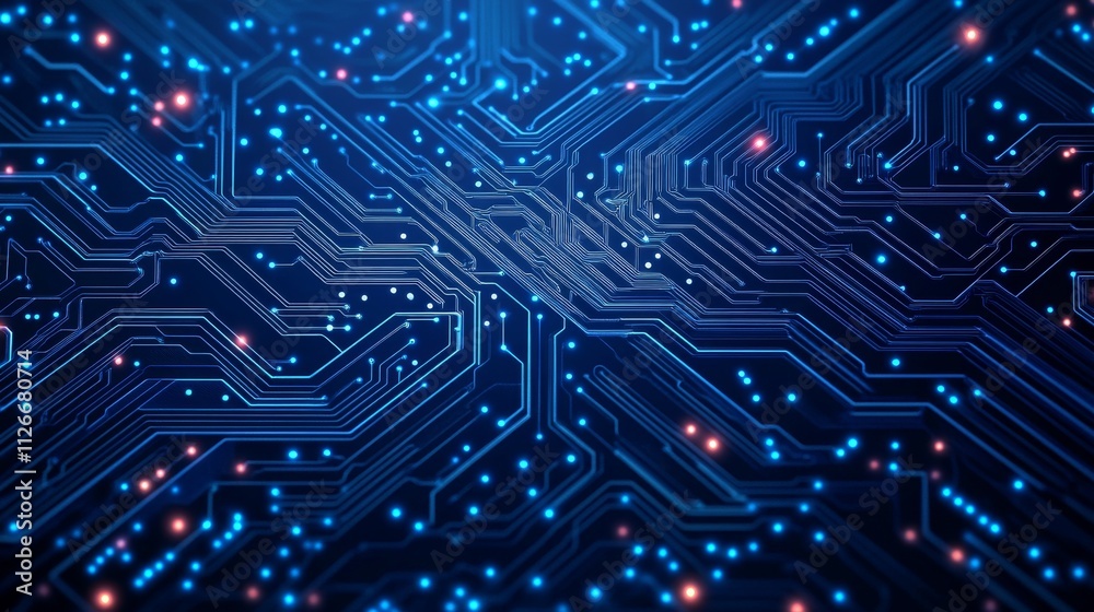 Thin circuit trace lines in blue on a dark technology background. Abstract digital tech background Thin circuit trace lines in blue on a dark technology background. Abstract digital tech background