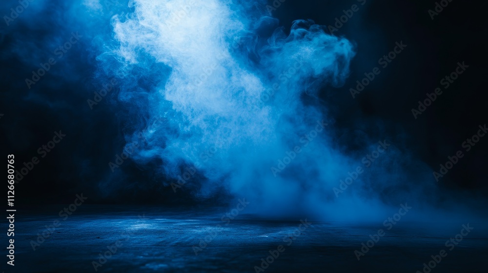 Mysterious dark street with wet asphalt reflective neon lights, atmospheric abstract blue background with spotlights, and smoky interior perfect for product displays or cinematic scenes Mysterious dark street with wet asphalt reflective neon lights, atmospheric abstract blue background with spotlights, and smoky interior perfect for product displays or cinematic scenes
