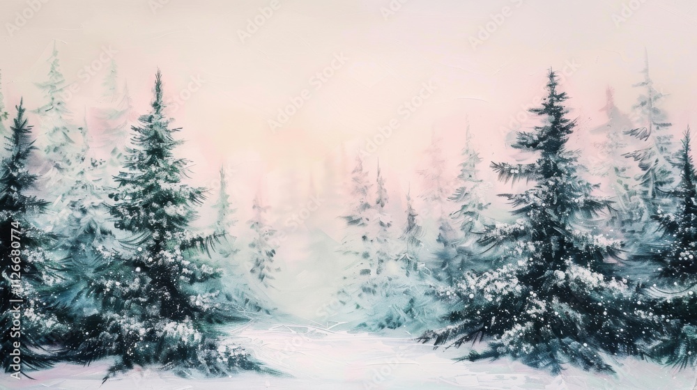 A serene winter wonderland with snow-covered trees, soft pink sky, and sparkling white snowflakes creating a magical and tranquil forest scene. A serene winter wonderland with snow-covered trees, soft pink sky, and sparkling white snowflakes creating a magical and tranquil forest scene.