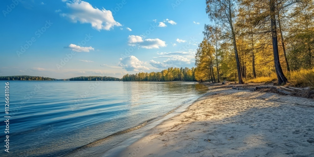 Obraz premium Serene lake shore line with a picturesque sandy beach, perfect for relaxation and enjoying the beauty of nature. The stunning lake shore line invites visitors to unwind on the sandy beach.