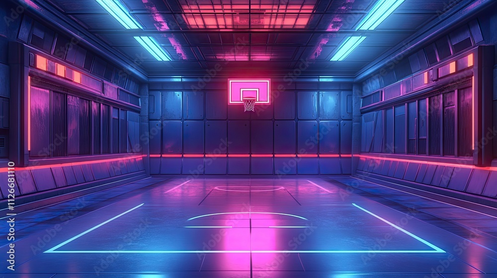 Fototapeta premium Neon-lit futuristic basketball court interior.