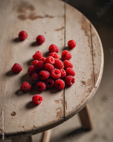 Fresh raspberries arranged on a wooden table photo