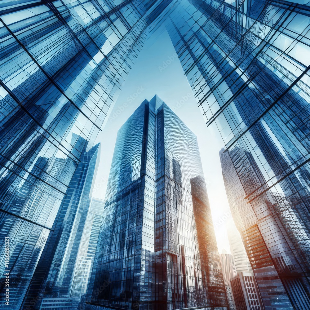 Reflective skyscrapers, business office buildings.
Reflective skyscrapers, business office buildings.