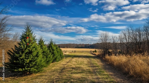 Serene Countryside Christmas Tree Farm Landscape under a Bright Blue Sky