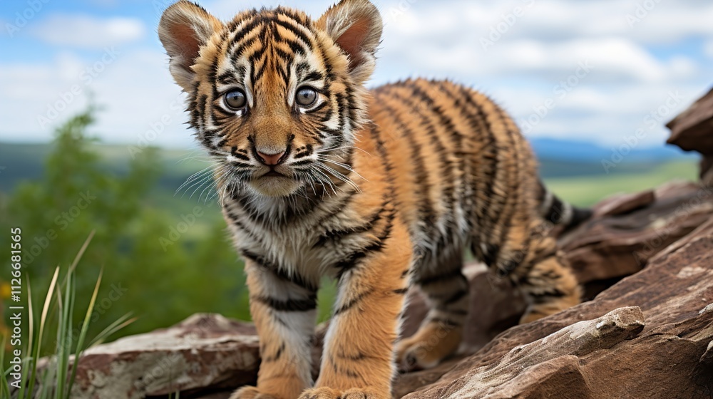 Obraz premium Cute little striped bengal tiger cub standing in a high rock in safari, African wildlife nature