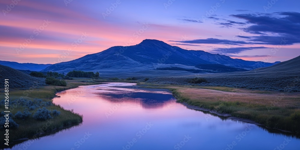 Twilight casts a serene glow over a mountain landscape, reflecting beautifully in the winding river. The mountain and river together create a tranquil scene at dusk, perfect for nature enthusiasts. Twilight casts a serene glow over a mountain landscape, reflecting beautifully in the winding river. The mountain and river together create a tranquil scene at dusk, perfect for nature enthusiasts.