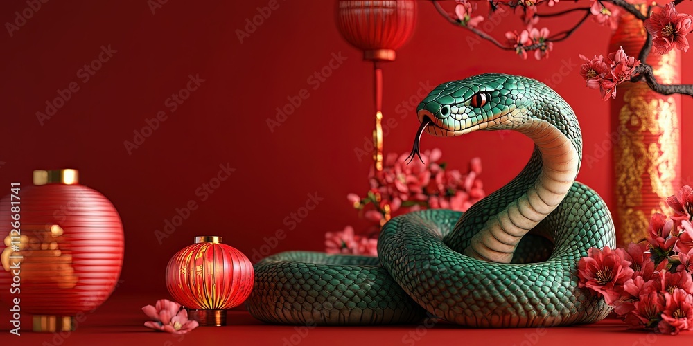 Fototapeta premium A green snake on the red ground, as the symbol of 2025, next to it is an ancient Chinese tree with hanging lanterns and gold ingots, creating a Chinese New Year atmosphere