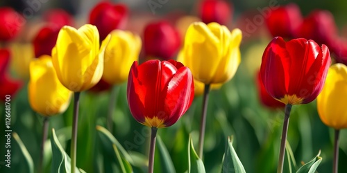 Vibrant red and yellow tulips bloom beautifully in an expansive field, showcasing the stunning colors of red and yellow tulips in nature s canvas. The sight of red and yellow tulips captivates the