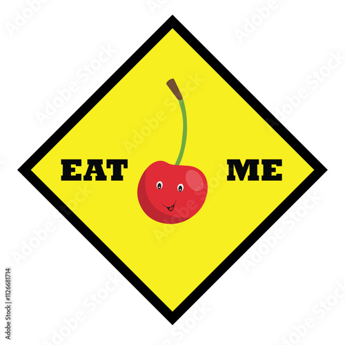 Cute cherry with eyes and mouth and the message eat me
