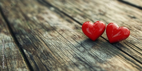 Two vibrant red hearts resting on a wooden floor create a striking visual. These red hearts symbolize love and warmth, enhancing the charm of the wood floor in the background. photo