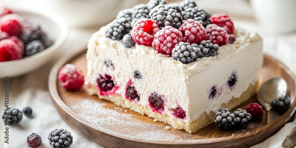 Delicious vanilla ice cream cake paired with frozen berries, creating a delightful dessert experience. This vanilla ice cream cake is perfect for any occasion, showcasing the rich flavor of vanilla.