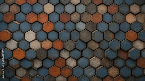 Wallpaper Mural Top-down perspective of aged and weathered 3D hexagonal tile floor with intricate geometric patterns, showing dirt and texture. Torontodigital.ca
