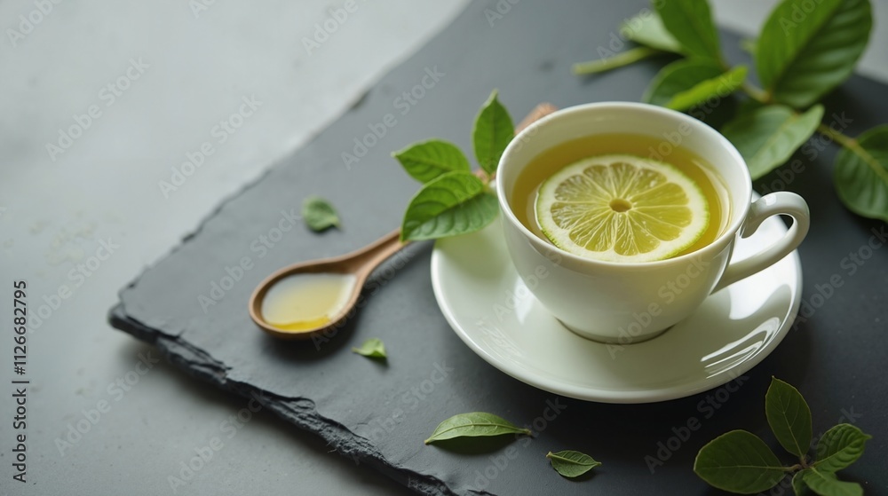 Refreshing lemon tea with green leaves, natural wellness Refreshing lemon tea with green leaves, natural wellness