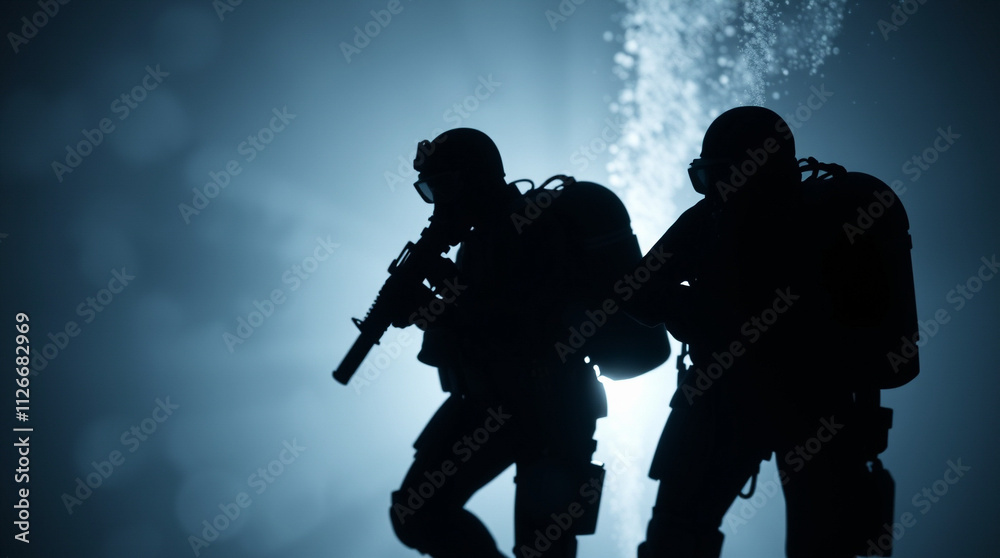 Front view of three special forces in black wet suits and Helmets Diving with Firearms underwater. Front view of three special forces in black wet suits and Helmets Diving with Firearms underwater.