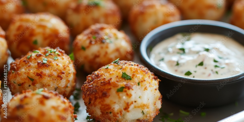 Delicious homemade seafood mini crab cake balls served with a tangy tartar sauce, these seafood treats are perfect for any gathering, offering a delightful seafood flavor in every bite. Delicious homemade seafood mini crab cake balls served with a tangy tartar sauce, these seafood treats are perfect for any gathering, offering a delightful seafood flavor in every bite.