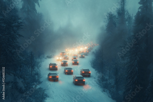 Cars navigating a snowy forest road at dusk in a winter landscape. Generative AI photo