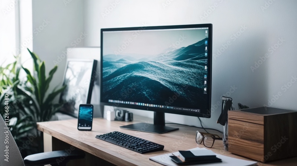 modern workspace with computer and smartphone on wooden desk modern workspace with computer and smartphone on wooden desk