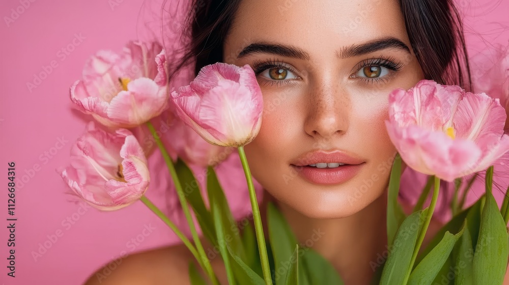 cheerful brunette lady with tulips on a pink background cheerful brunette lady with tulips on a pink background