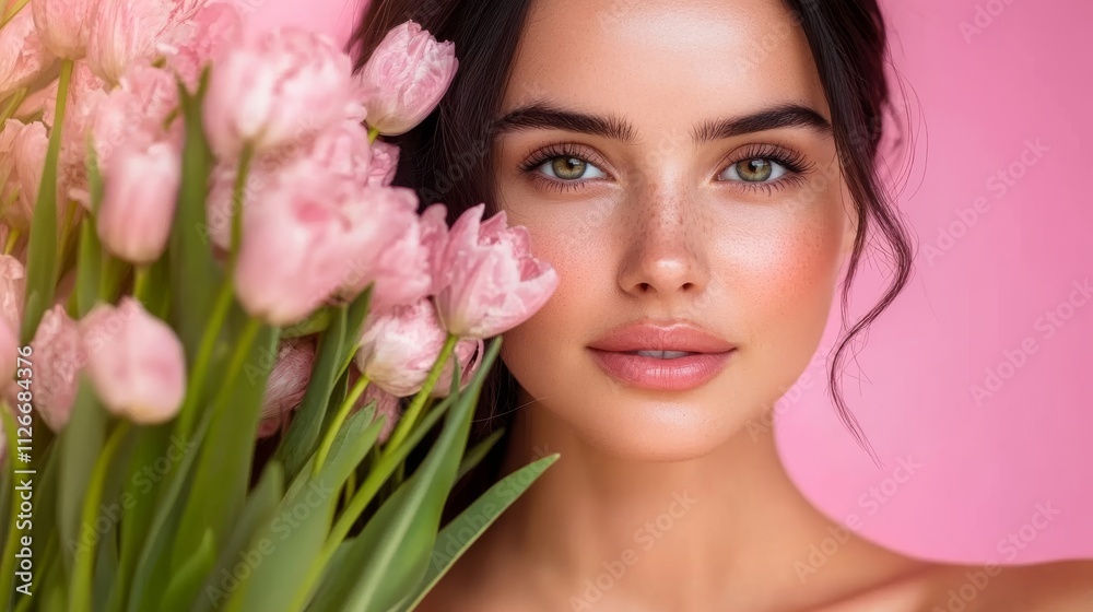 cheerful brunette lady with tulips on a pink background cheerful brunette lady with tulips on a pink background