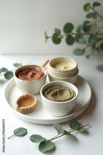 Natural clay face masks with eucalyptus, skincare wellness