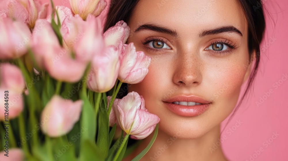 cheerful brunette lady with tulips on a pink background cheerful brunette lady with tulips on a pink background