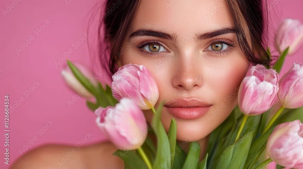 cheerful brunette lady with tulips on a pink background cheerful brunette lady with tulips on a pink background