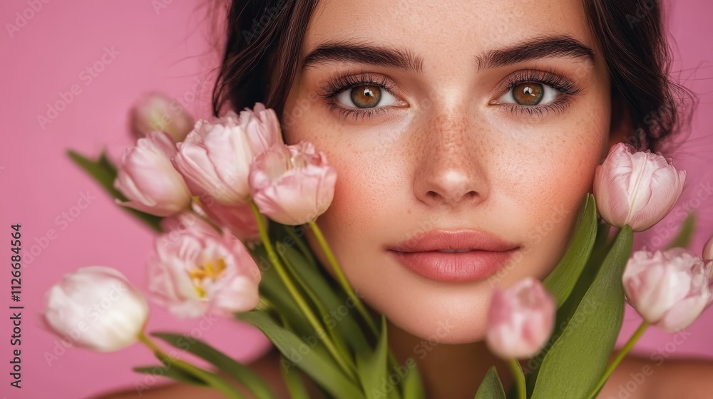 cheerful brunette lady with tulips on a pink background cheerful brunette lady with tulips on a pink background