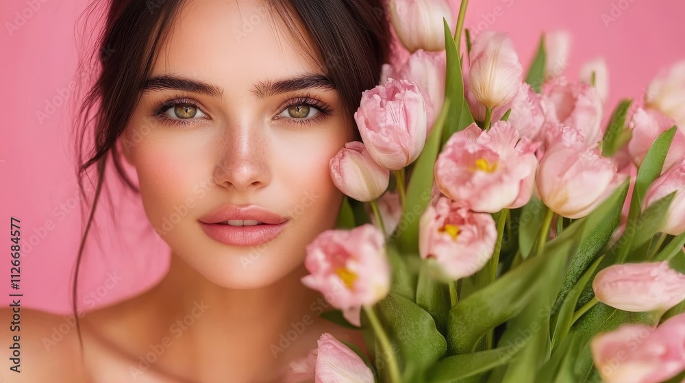 cheerful brunette lady with tulips on a pink background cheerful brunette lady with tulips on a pink background