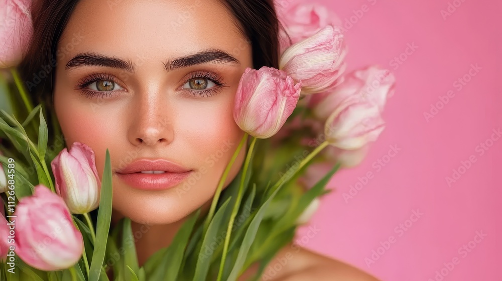 cheerful brunette lady with tulips on a pink background cheerful brunette lady with tulips on a pink background