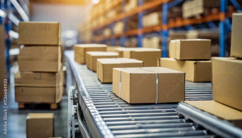 Closeup of Multiple Cardboard Box Packages Seamlessly Moving Along a Conveyor Belt in a Warehouse, Showcasing Efficient Logistics and Modern Supply Chain Operations Closeup of Multiple Cardboard Box Packages Seamlessly Moving Along a Conveyor Belt in a Warehouse, Showcasing Efficient Logistics and Modern Supply Chain Operations