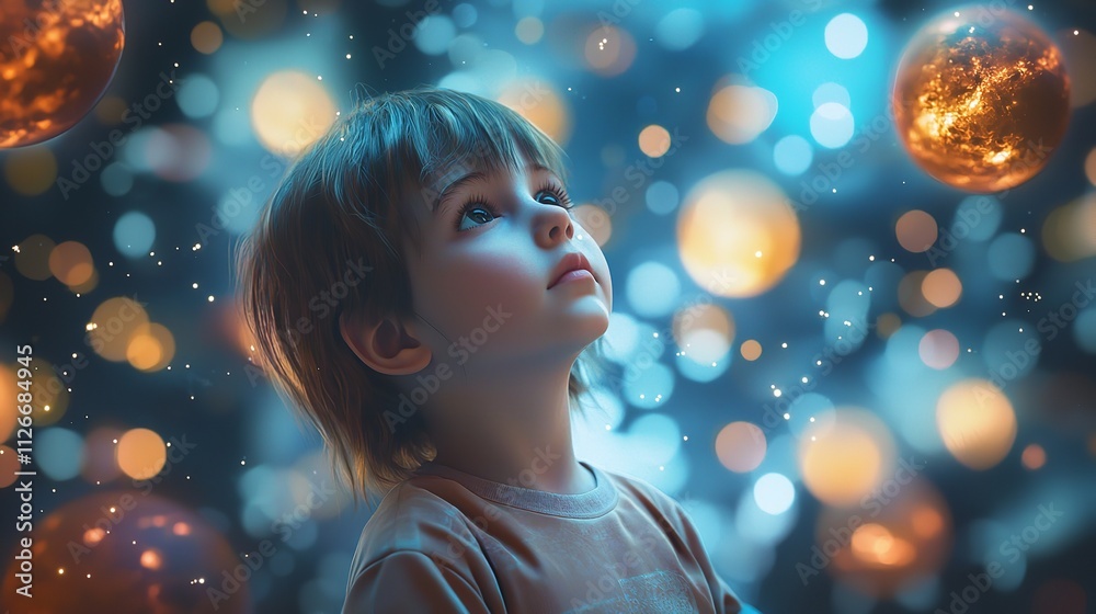 Young Child Surrounded by Floating Planets: 16K Resolution Young Child Surrounded by Floating Planets: 16K Resolution